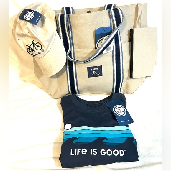 Handbags - NEW…LIFE IS GOOD brand 4 PIECE SET. Shirt, Hat, Tote and small bag